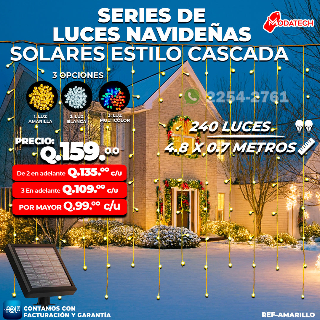 Luces Navideñas Solares 240 Luces color Amarillo estilo Cascada