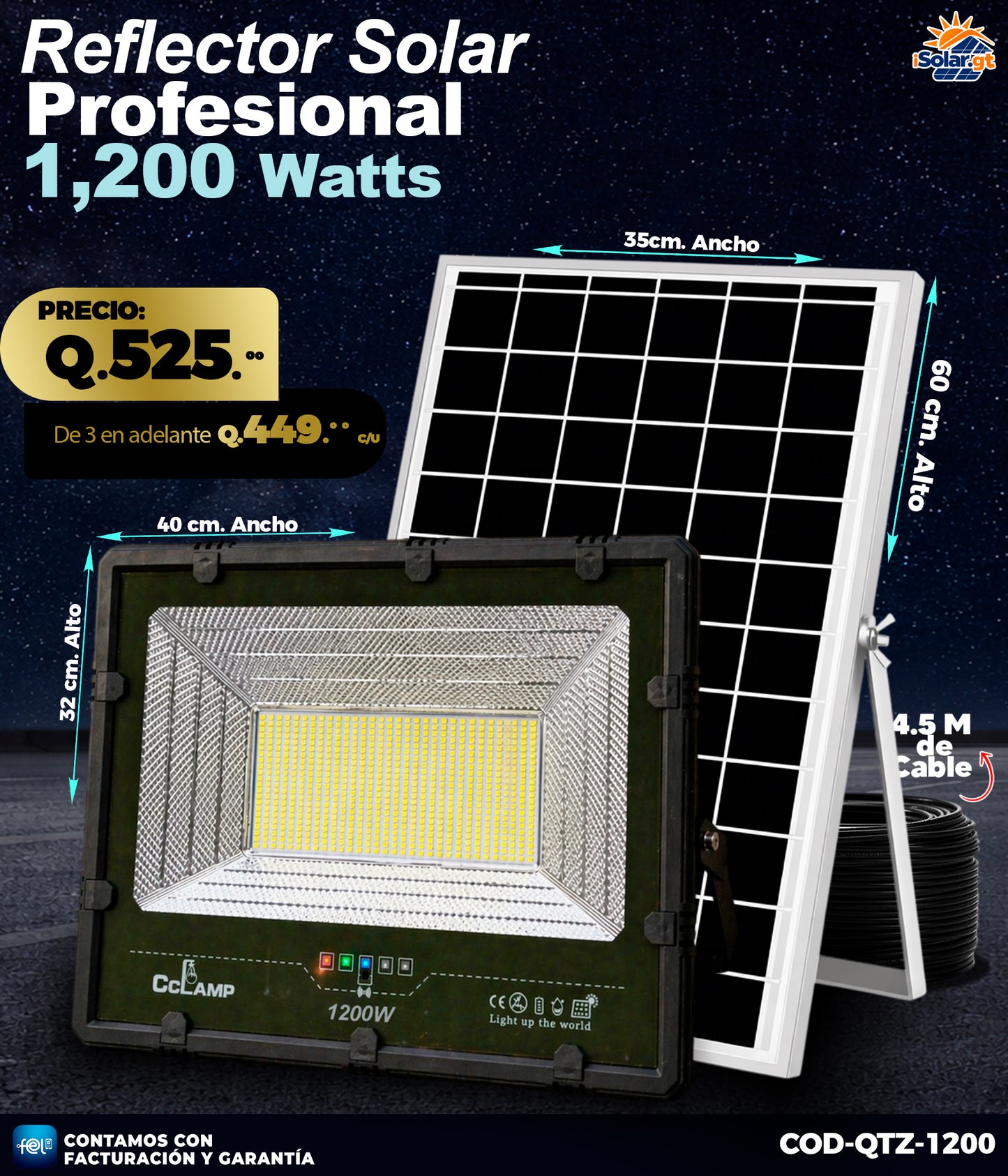 Reflector Solar de 1,200 Watts 🌙