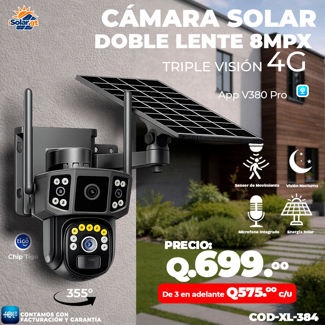 Cámara Solar Doble Lente con chip 4G de 8 megapixeles 🌞