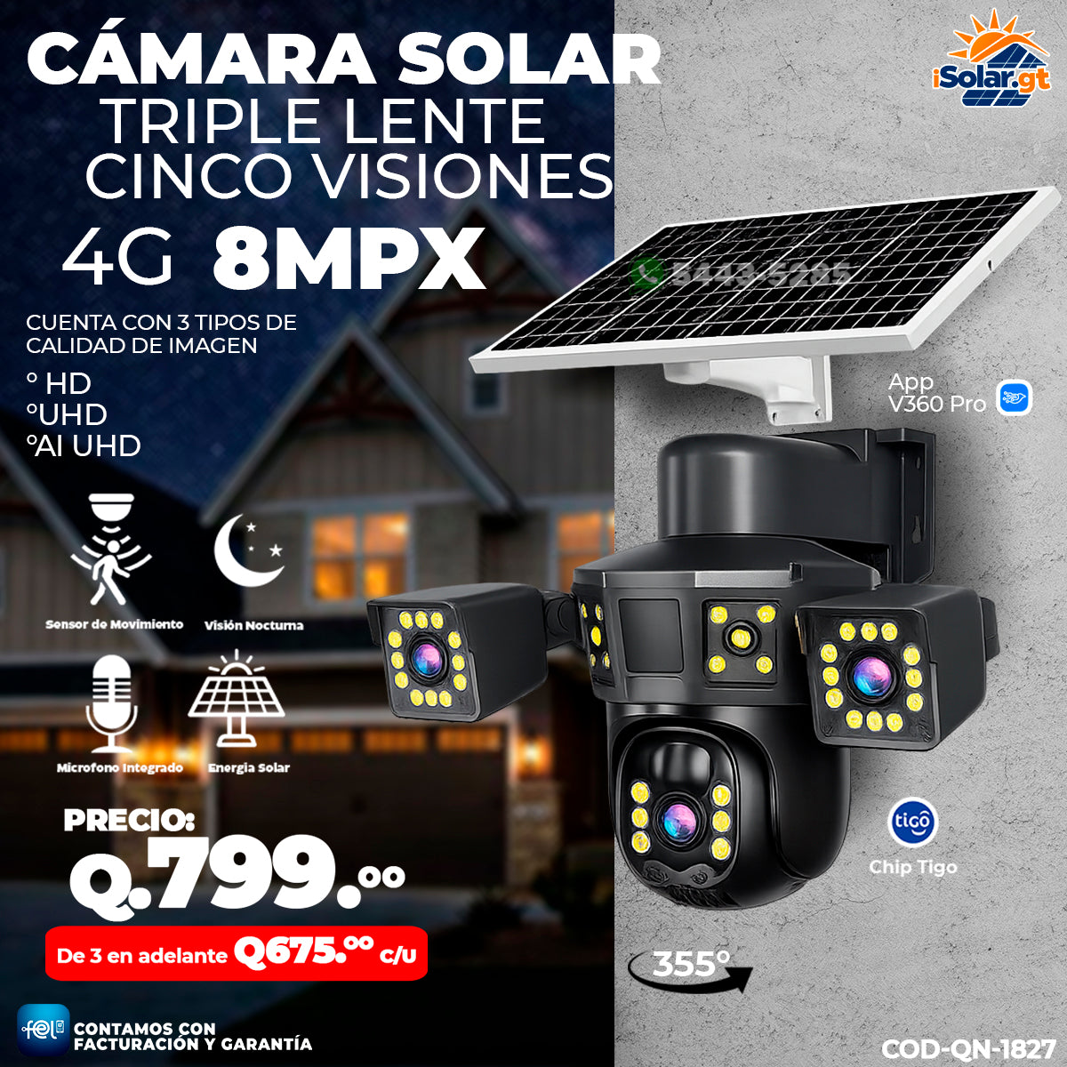 Cámara Solar Triple Lente con chip 4G de 8 megapixeles 🌞🔋