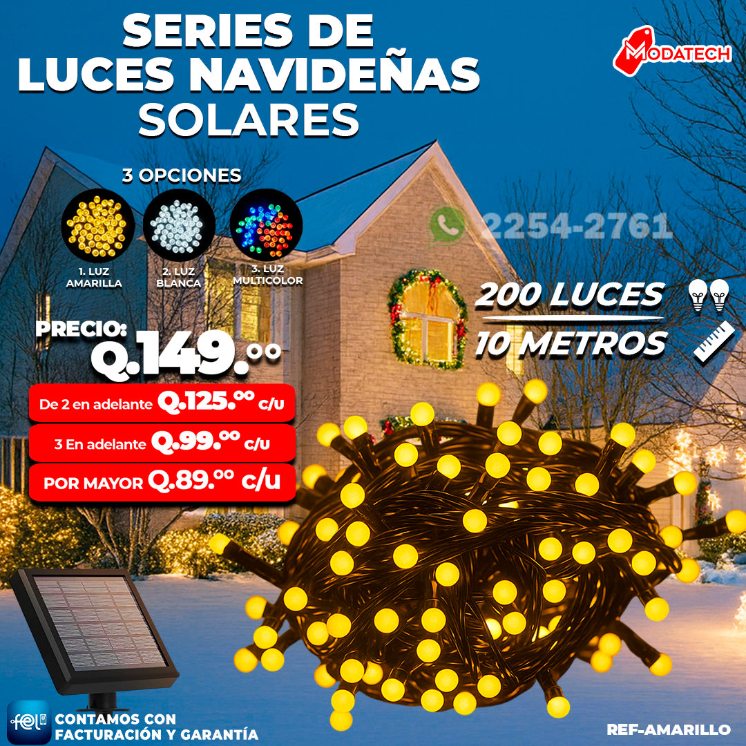 Luces Navideñas Solares 200 Luces color Amarillo estilo Bolita