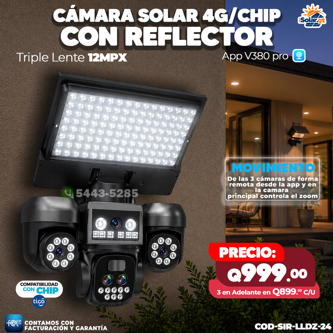 Cámara Solar 4G/Chip con Reflector – Triple Lente 12MPX 📷🔆