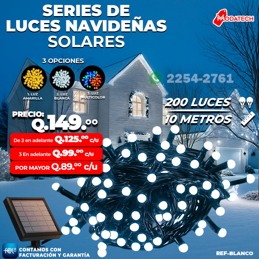 Luces Navideñas Solares 200 Luces color Blanco estilo Bolita
