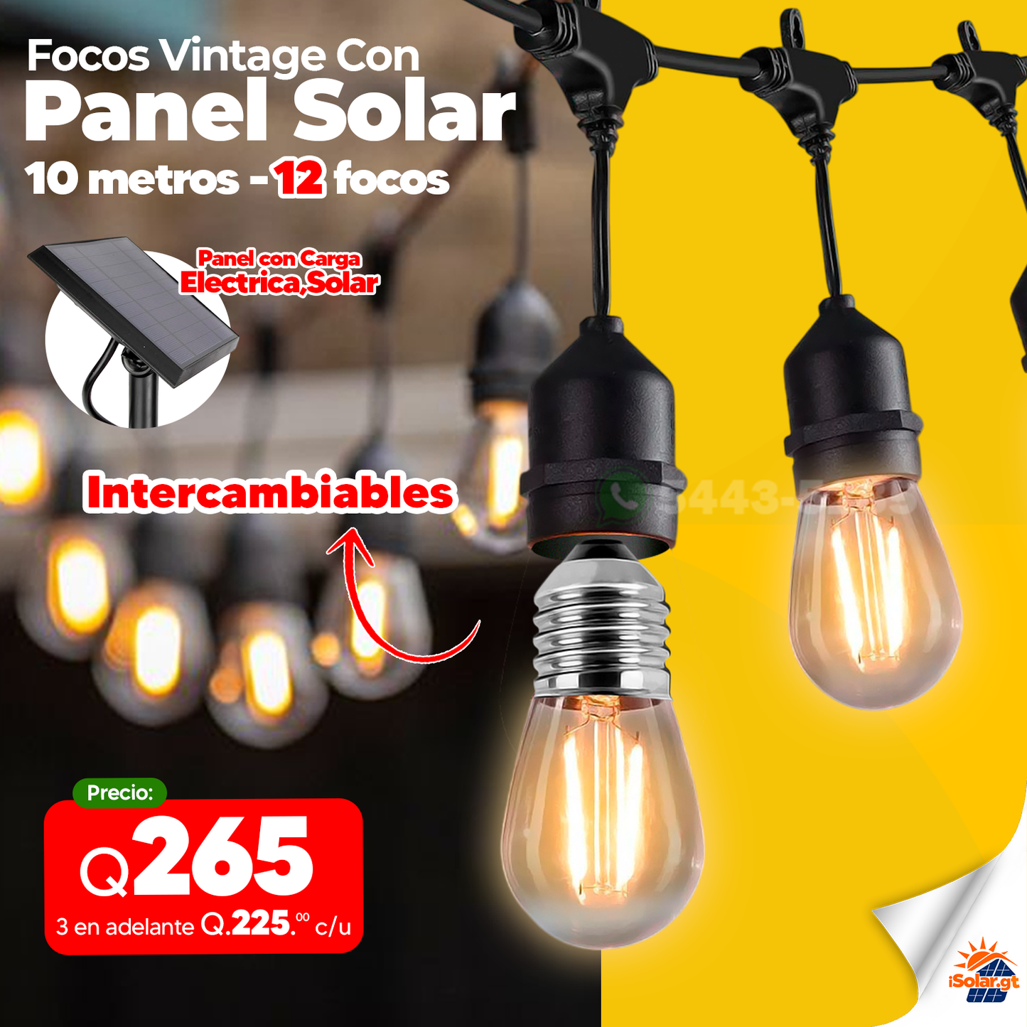 Focos Vintage Solares Intercambiables 12 Focos Y 10 Metros