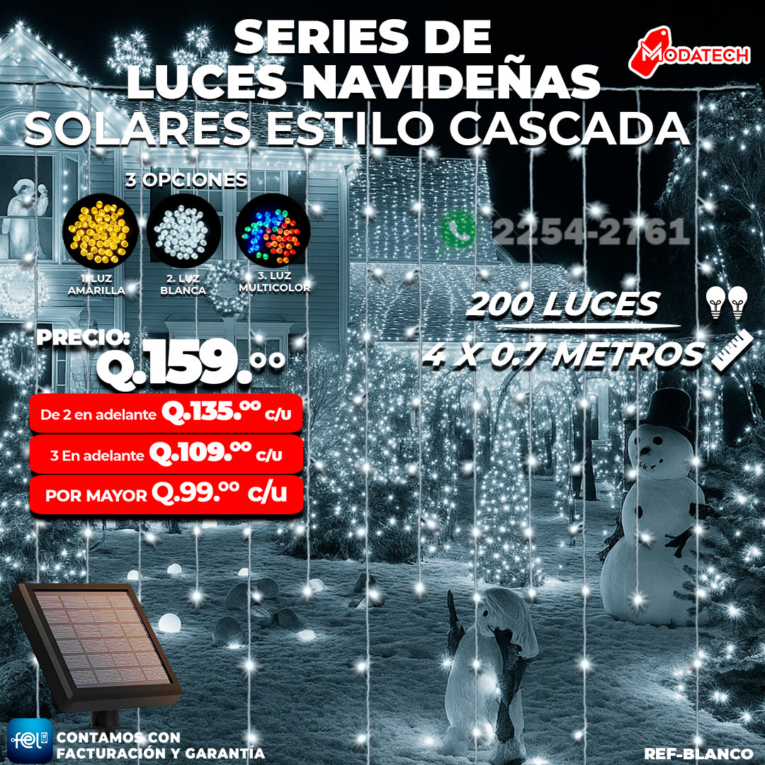 Luces Navideñas Solares 200 Luces color Blanco estilo Cascada