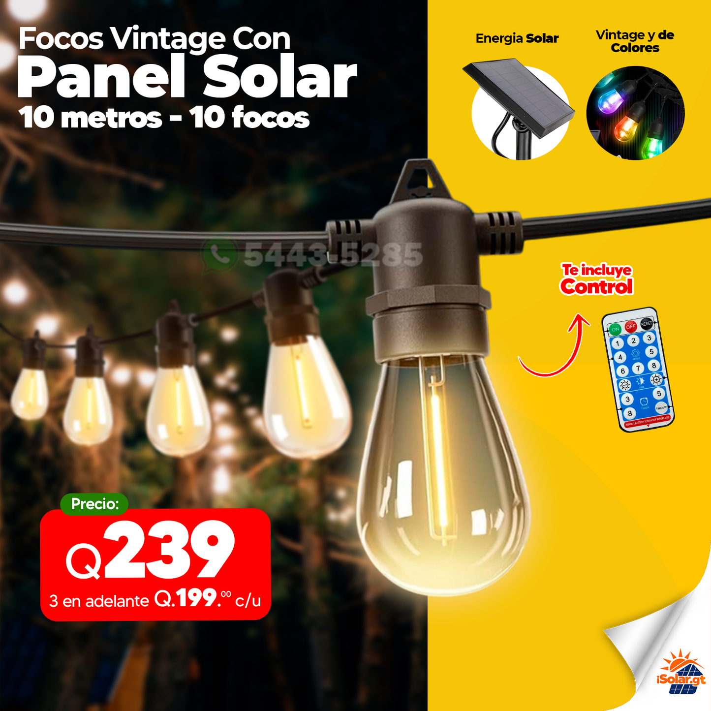 Focos Vintage Solares 10 Focos Y 10 Metros De Doble Funcion