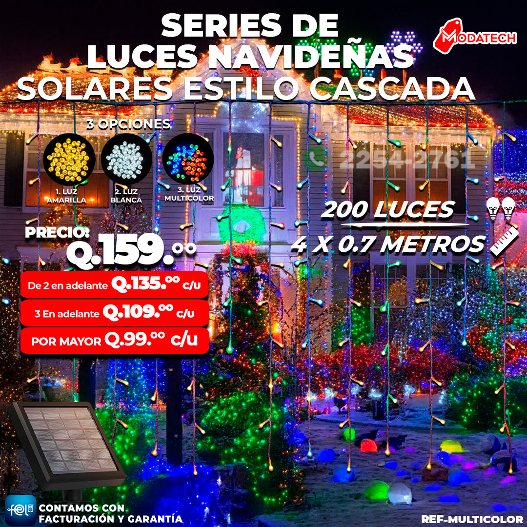 Luces Navideñas Solares 200 Luces Multicolor estilo Cascada
