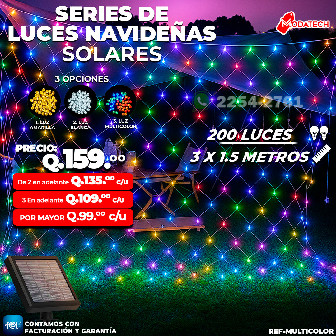 Luces Navideñas Solares 200 Luces Multicolor estilo Malla