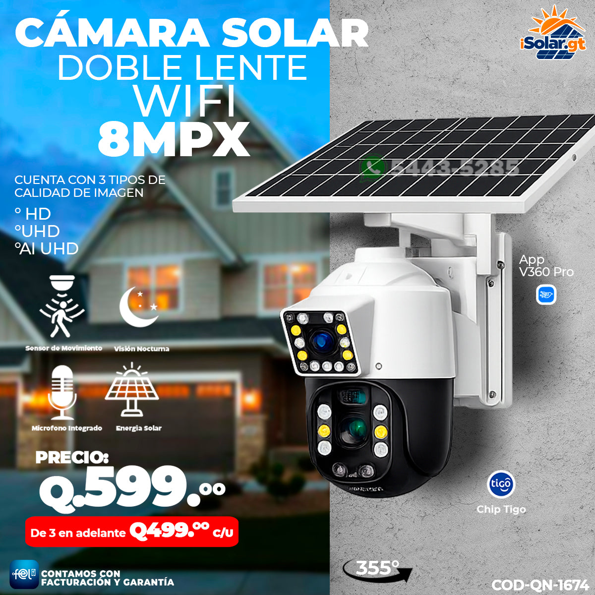 Cámara Solar Doble Lente Wifi de 8 MPX 🔄💾