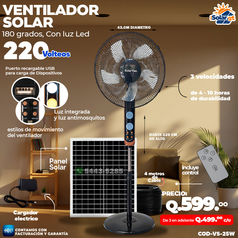 Ventilador Solar 180 Grados, Con luz Led 🌬️