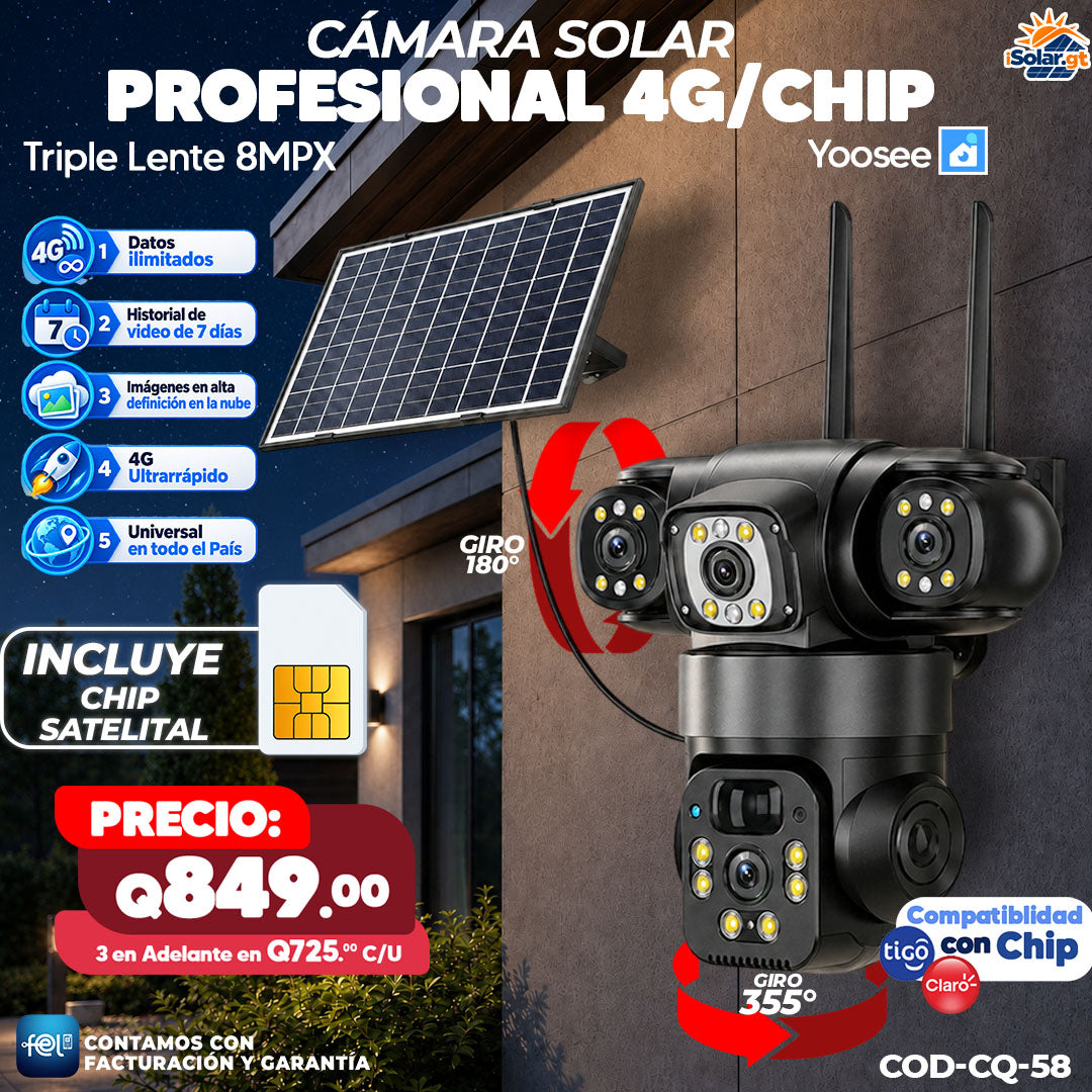 📹☀️ Cámara Solar Profesional 4G con Chip | Triple Lente 8MPX 🎥