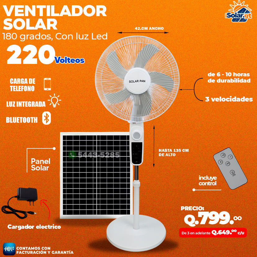 Ventilador Solar Portatil 180 Grados, Con luz Led 220 Volteos