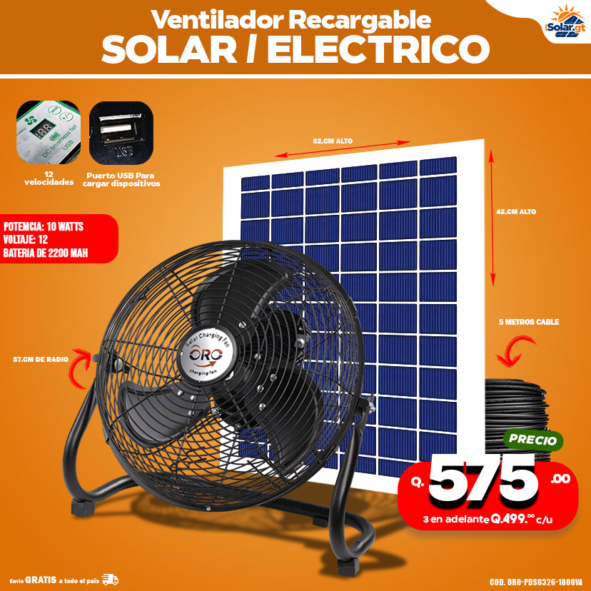 Ventilador Recargable Solar / Eléctrico ORO 2,200 mAh