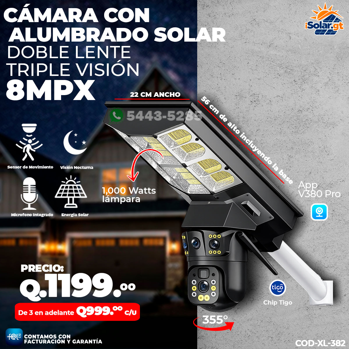 Cámara Solar con Alumbrado de 1,000 Watts 📸💡