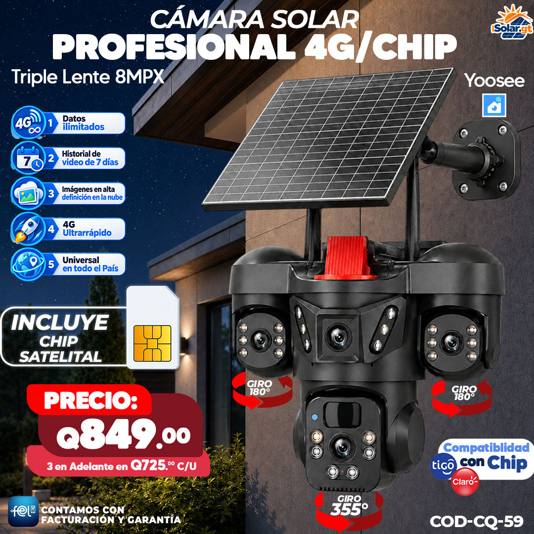 📹☀️ Cámara Solar Profesional 4G con Chip | Triple Lente 8MPX 🎥