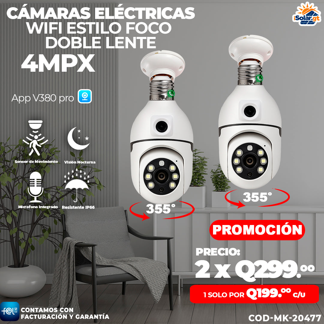 Cámaras Wi-fi Estilo Foco Doble Lente 🌙🌙