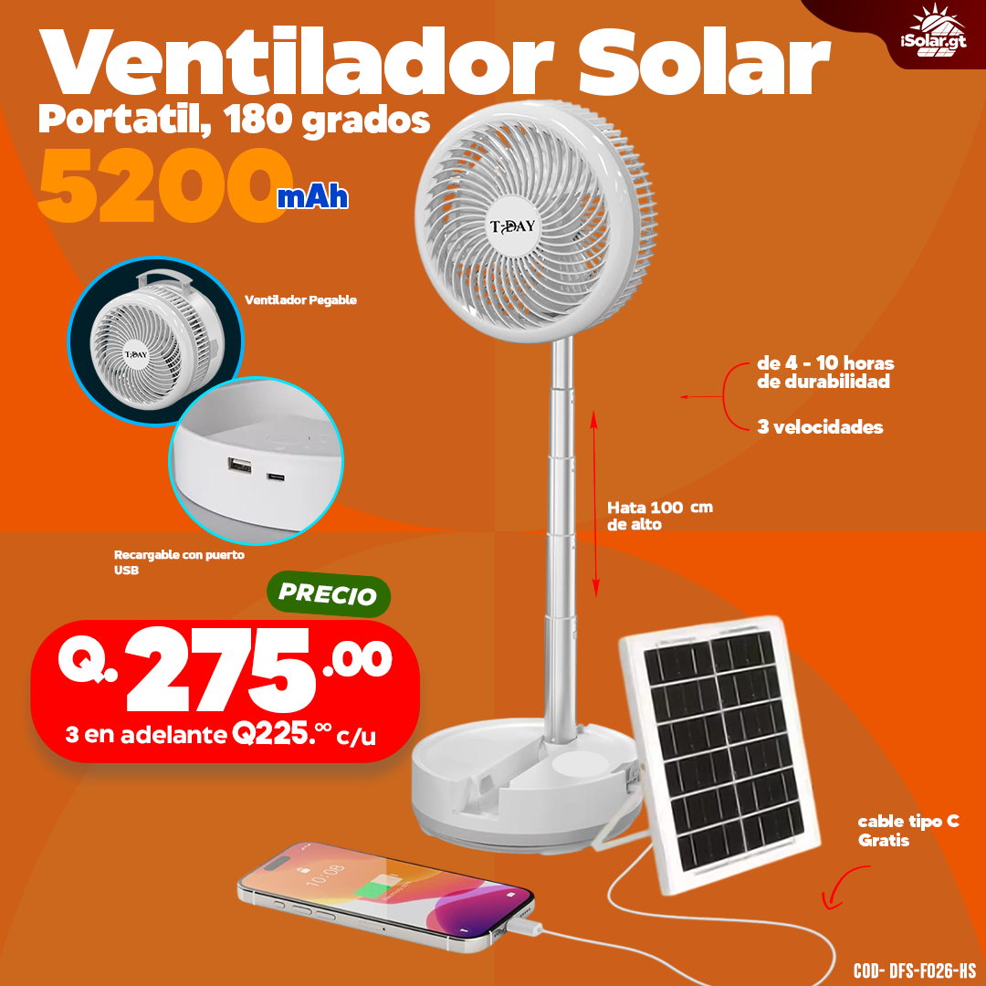 Ventilador Solar Portatil de 5200 mAh