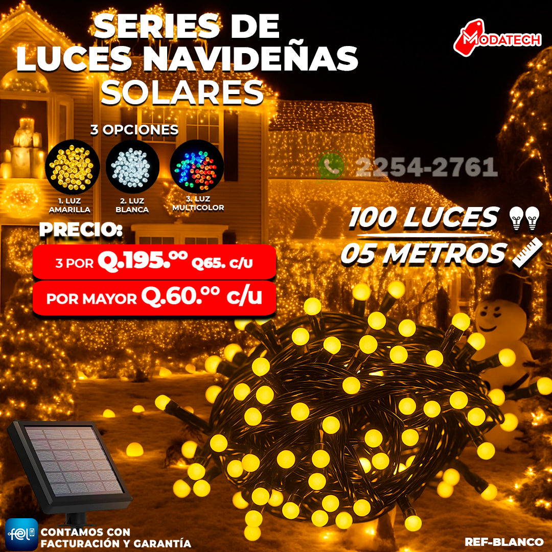 Luces Navideñas Solares 100 Luces color Amarillo estilo Bolitas