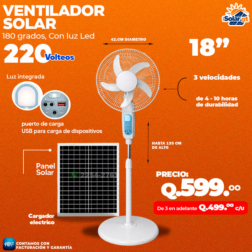 Ventilador Solar 180 Grados, Con luz Led de 18´ 🌤️