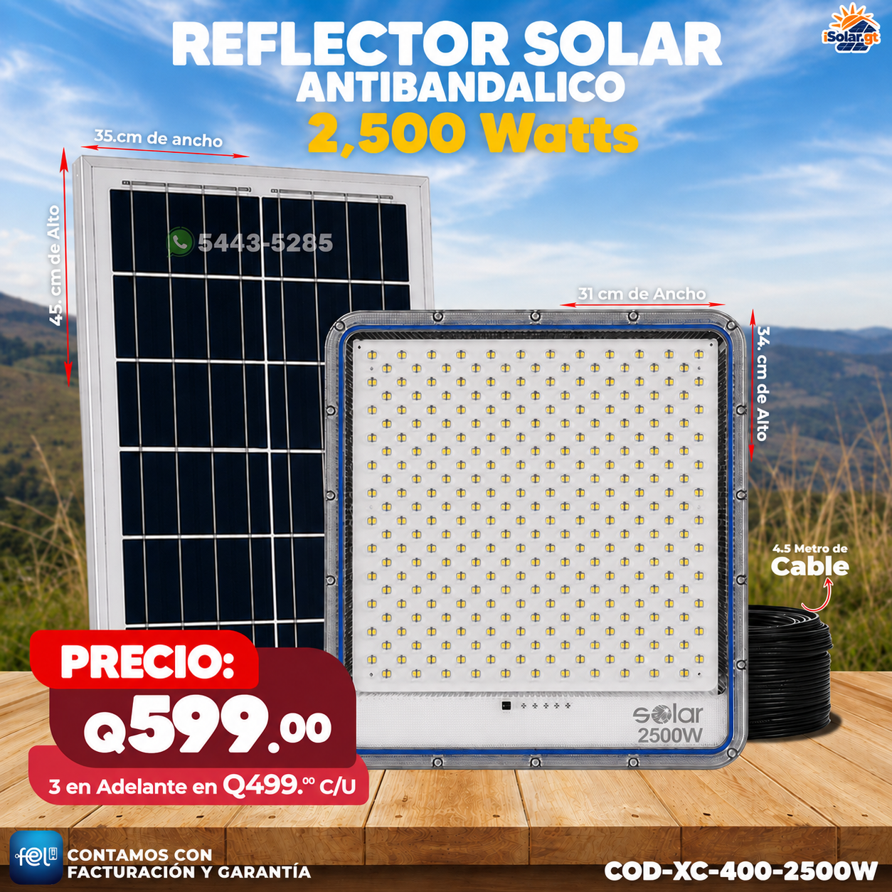 Reflector Solar Antivandálico de 2,500W 🔆🔆