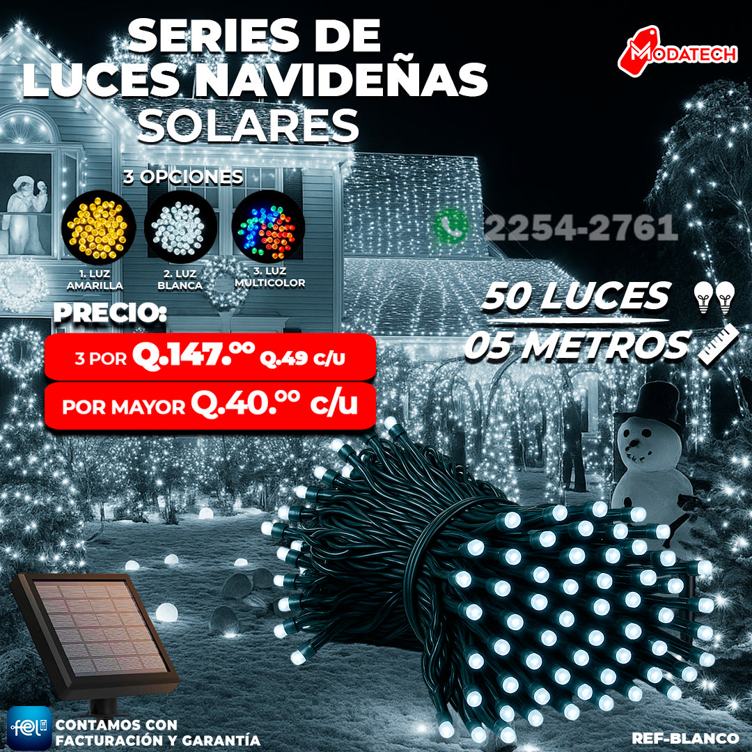 Luces Navideñas Solares 50 Luces color Blanco