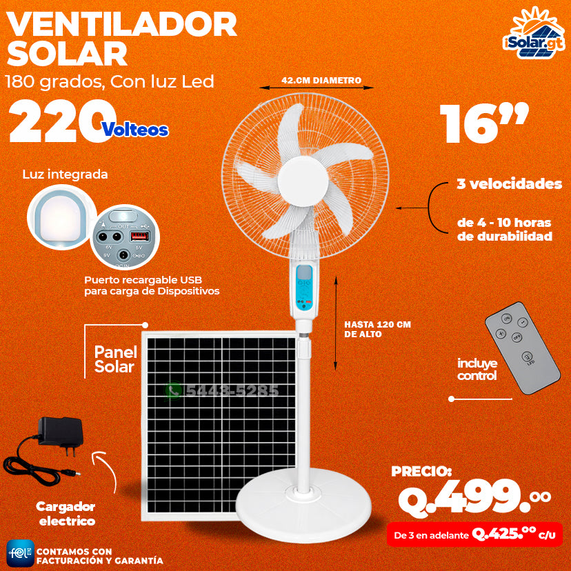Ventilador Solar 180 Grados, Con luz Led de 16´ 🌤️