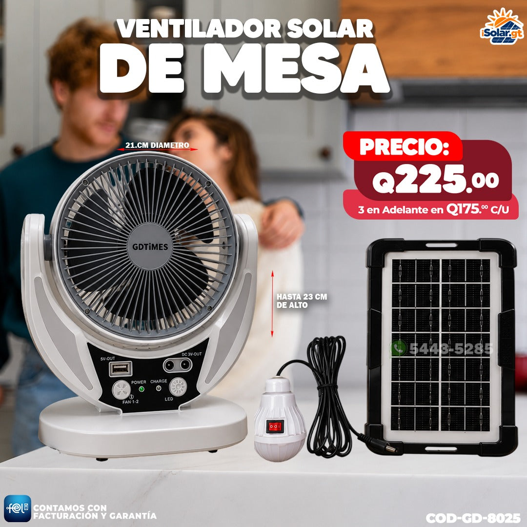 Ventilador Solar de Mesa GDTIMES con Panel Solar y Lámpara LED 🌞