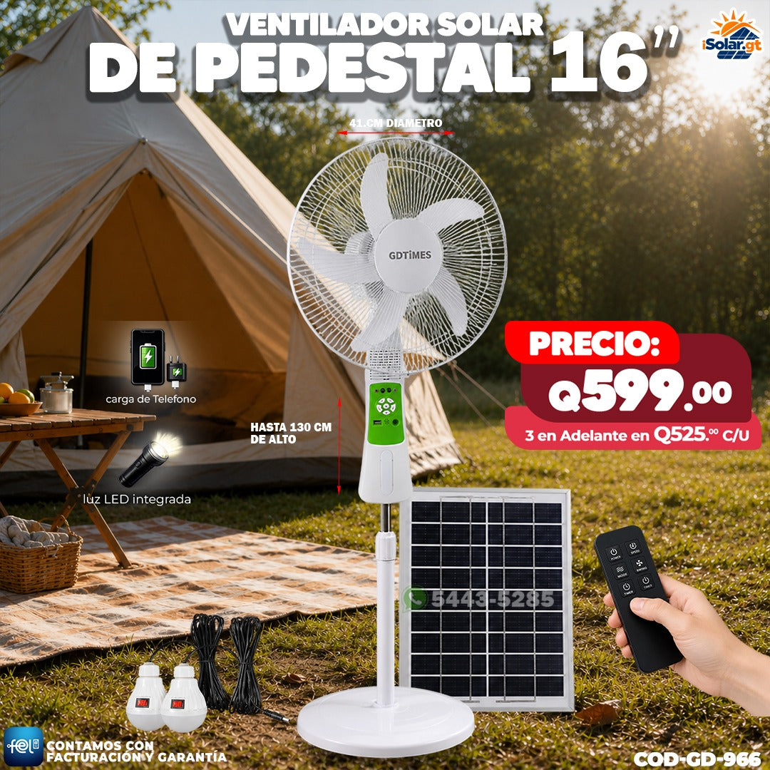 🌞 Ventilador Solar de Pedestal 16" GDTIMES con Panel Solar, Control Remoto, Luz LED y Carga USB