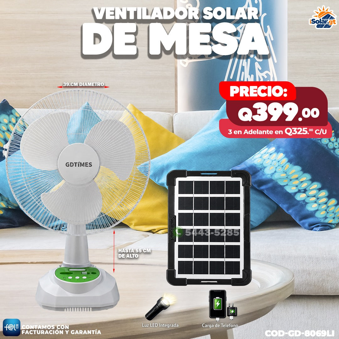 🌞 Ventilador Solar de Mesa GDTIMES con Panel Solar, Luz LED y Carga USB