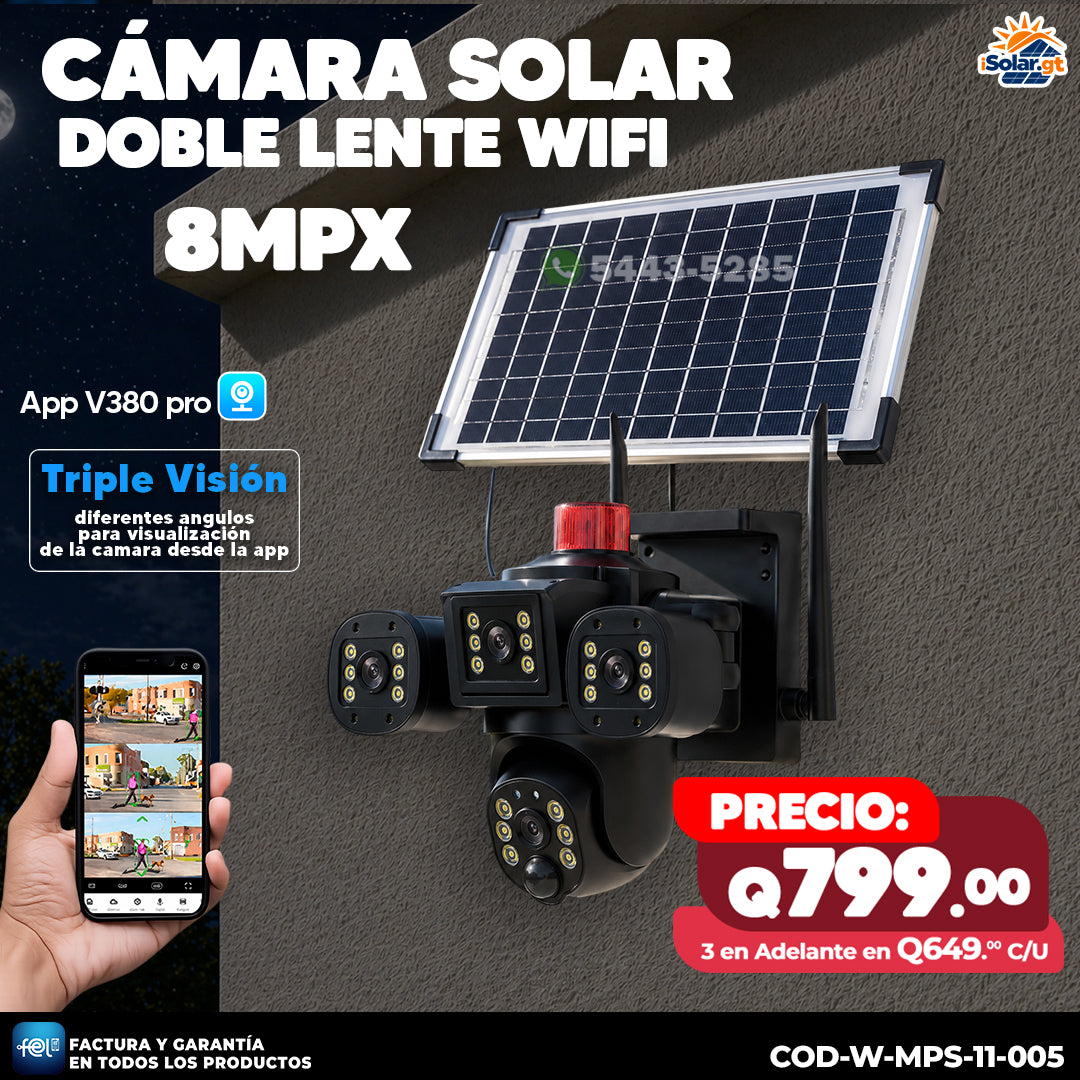 Cámara Solar WiFi Doble Lente 8MPX – Triple Visión 🌞🔋