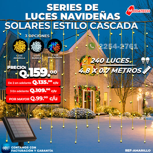 Luces Navideñas Solares 240 Luces color Amarillo estilo Cascada
