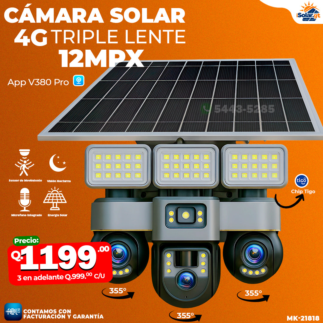 Cámara Solar Triple Lente con chip 4G de 12 megapixeles 🌞🔋