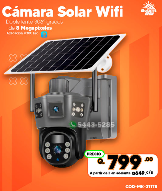 Cámara Solar Wifi Doble lente 8 MPX con luz led