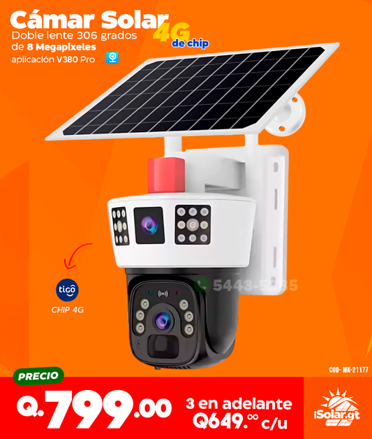 Cámara Solar Doble lente con Chip 4G - 8 MPX con sirena integrada