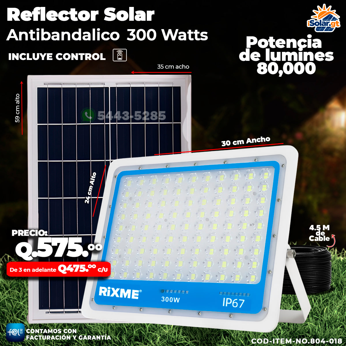 Reflector Industrial Solar Antibandálico de 300 Watts