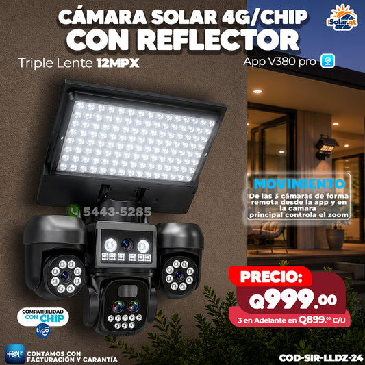 Cámara Solar 4G/Chip con Reflector – Triple Lente 12MPX 📷🔆