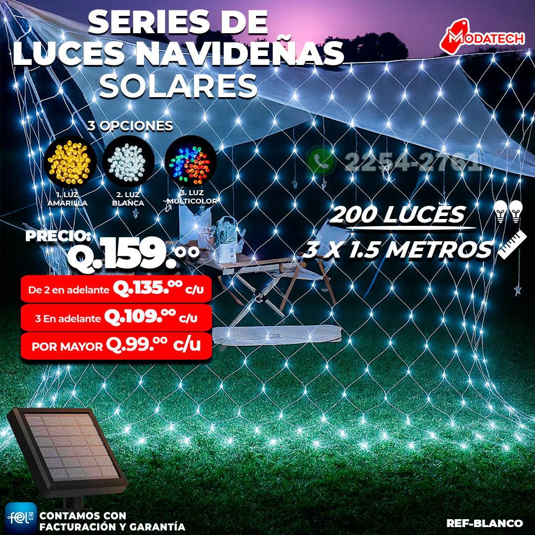 Luces Navideñas Solares 200 Luces color Blanco estilo Malla