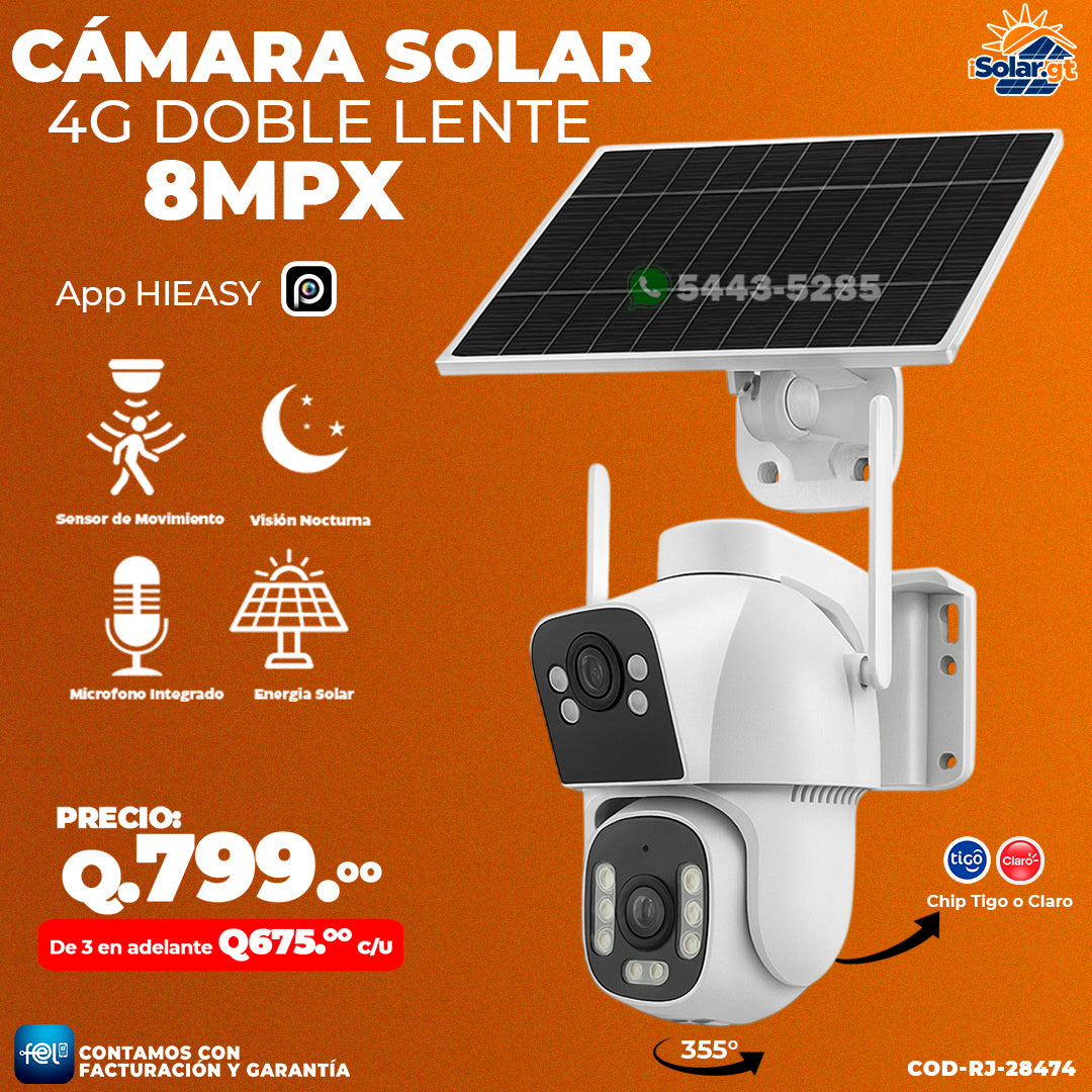 Cámara Solar Doble Lente con chip 4G de 8 megapixeles 🌞🔋