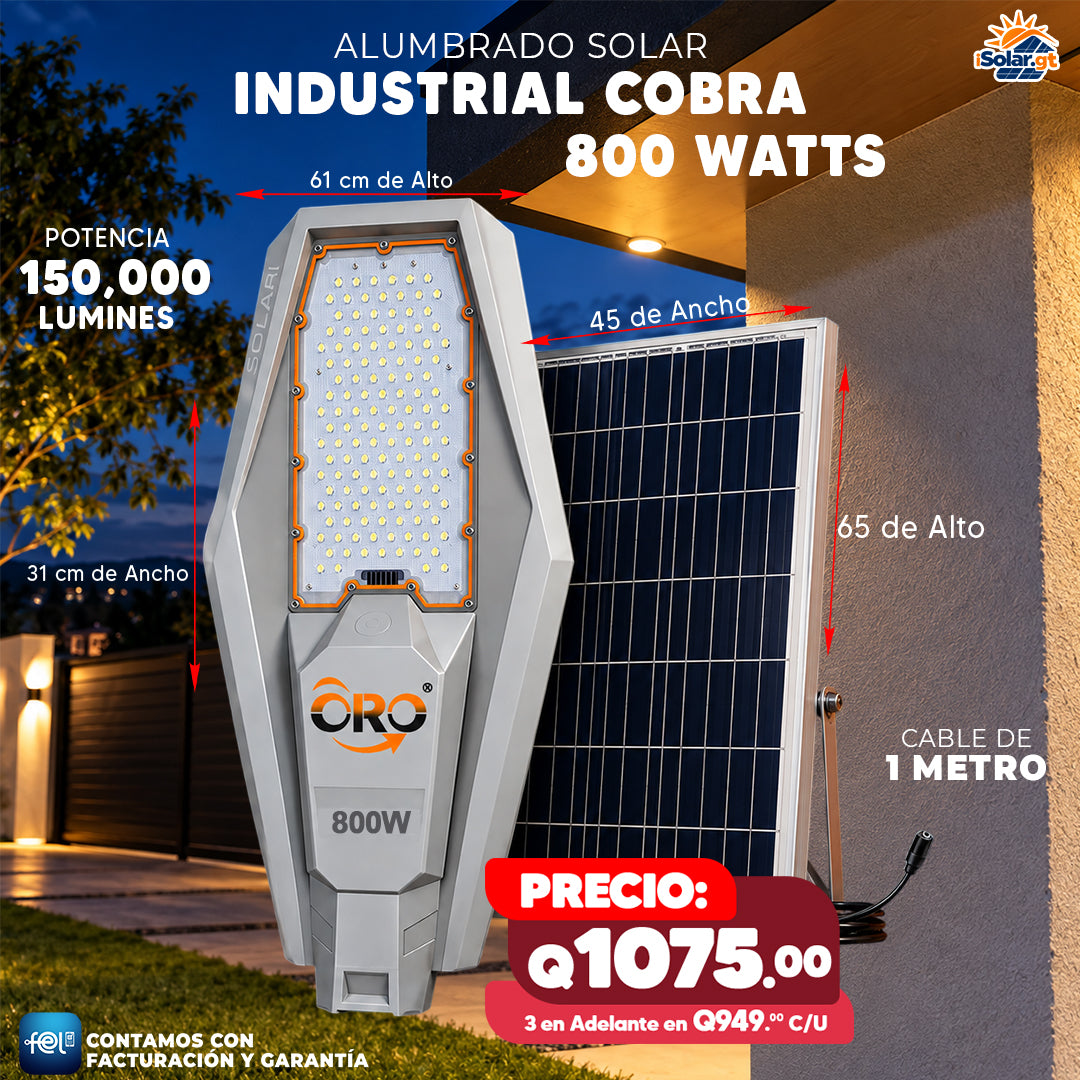 💡 Alumbrado Solar Profesional Estilo Cobra de 800 Watts 💡