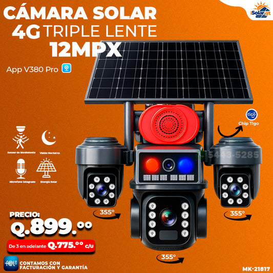Cámara Solar Triple Lente 4G de 12 megapixeles 🌞🔋