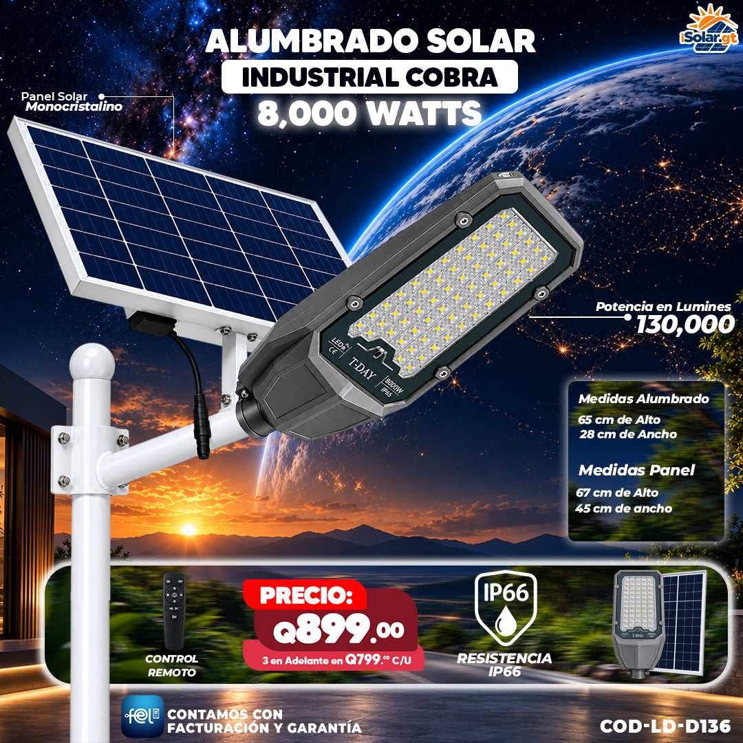 ☀️💡 Alumbrado Solar Industrial Cobra 8,000W | 130,000 Lúmenes 🔆