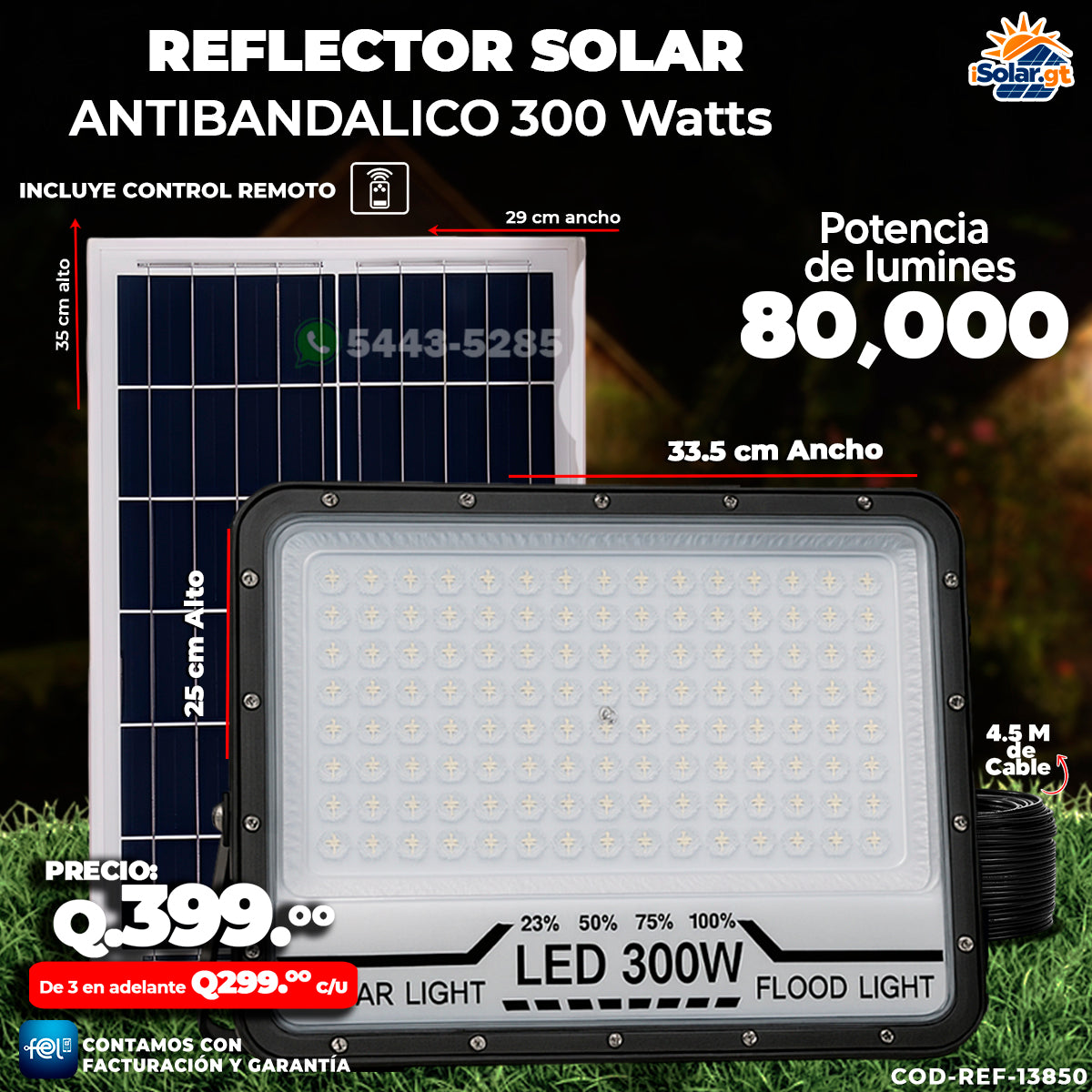 Reflector Industrial Solar Antibandálico de 300 Watts 🏗️⏳