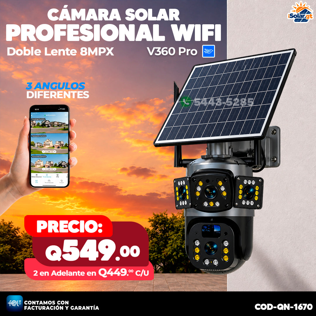 Cámara Solar Profesional Doble Lente Wifi de 8 MPX 🔄💾
