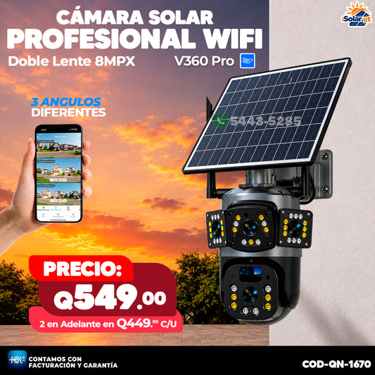 Cámara Solar Profesional Doble Lente Wifi de 8 MPX 🔄💾