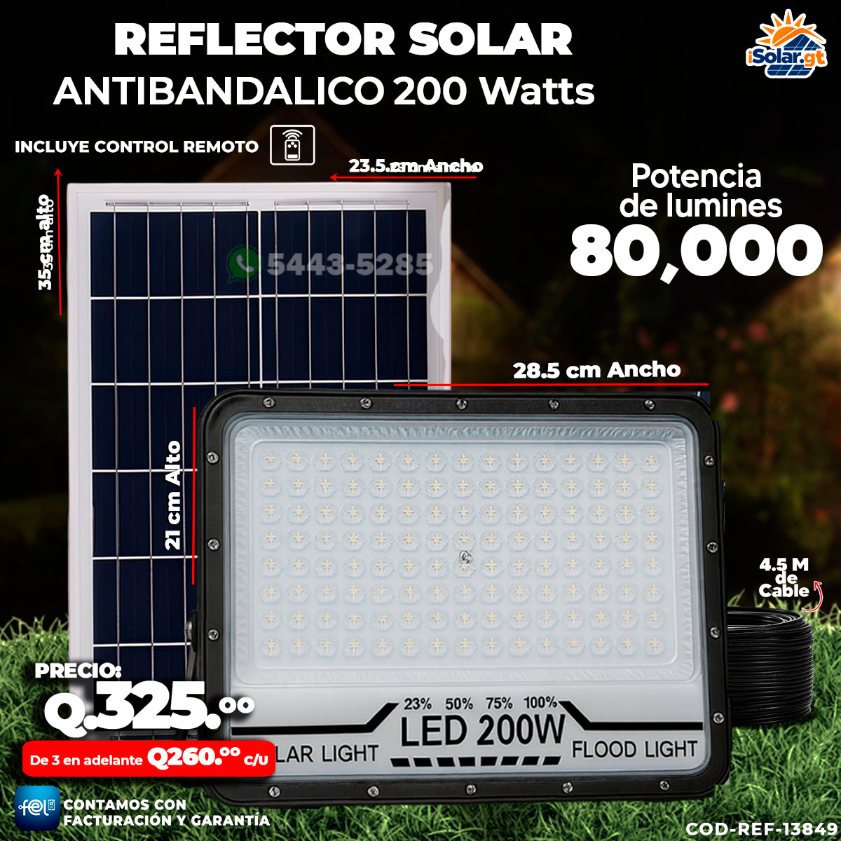 Reflector Industrial Solar Antibandálico de 200 Watts 🏗️⏳