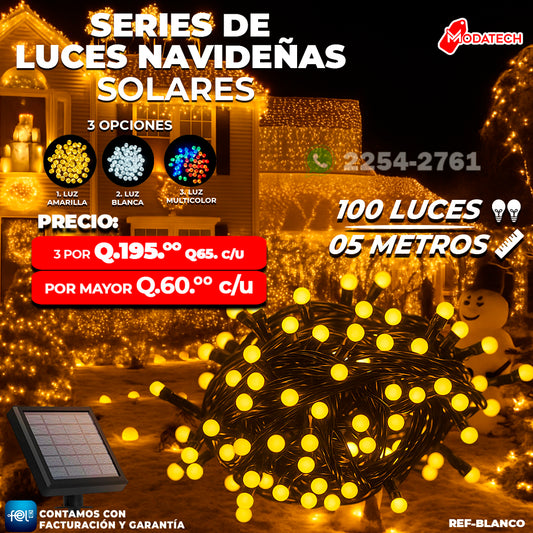 Luces Navideñas Solares 100 Luces color Amarillo estilo Bolitas
