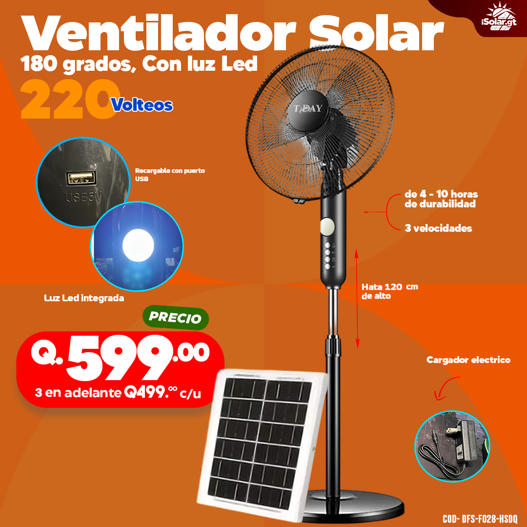 Ventilador Solar Portatil 180 Grados, Con luz Led