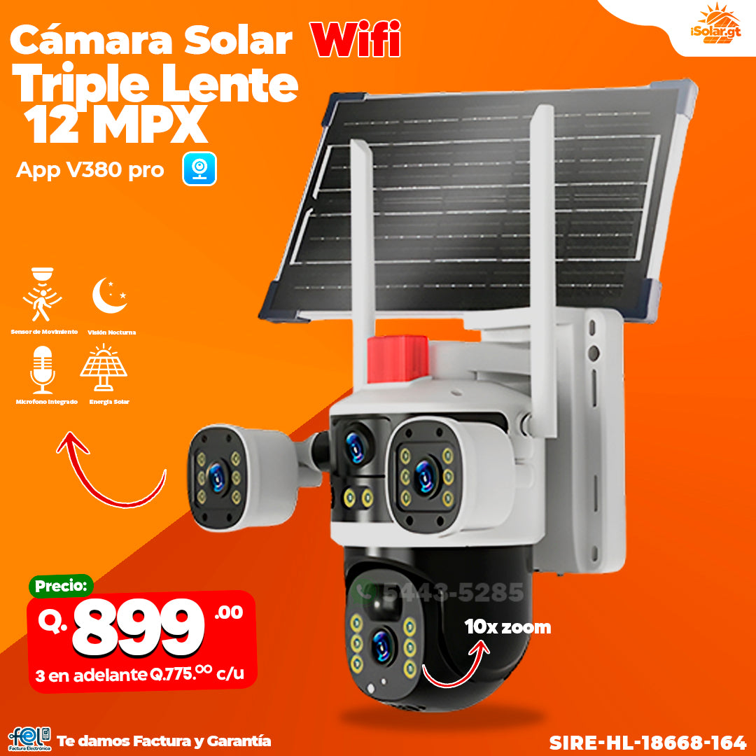 🎥🌞 CÁMARA SOLAR WIFI – TRIPLE LENTE 12 MPX