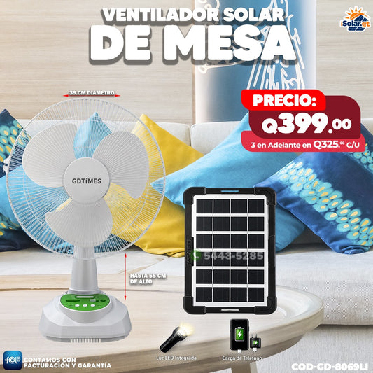 🌞 Ventilador Solar de Mesa GDTIMES con Panel Solar, Luz LED y Carga USB
